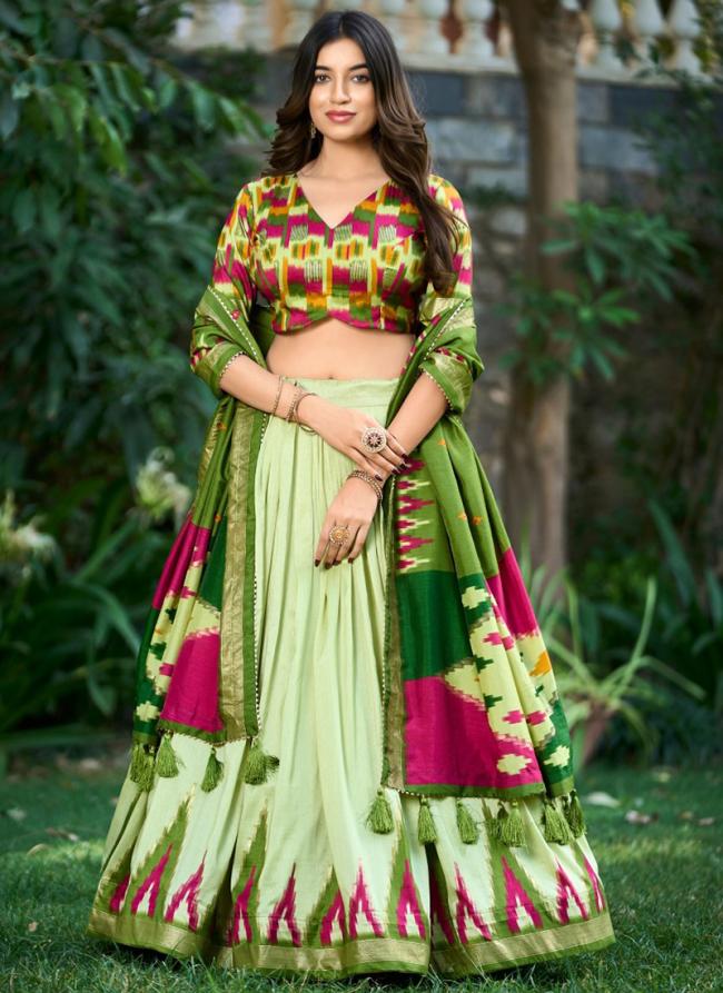 Tussar Silk Pista Green Festival Wear Foil Print Readymade Lehenga Choli